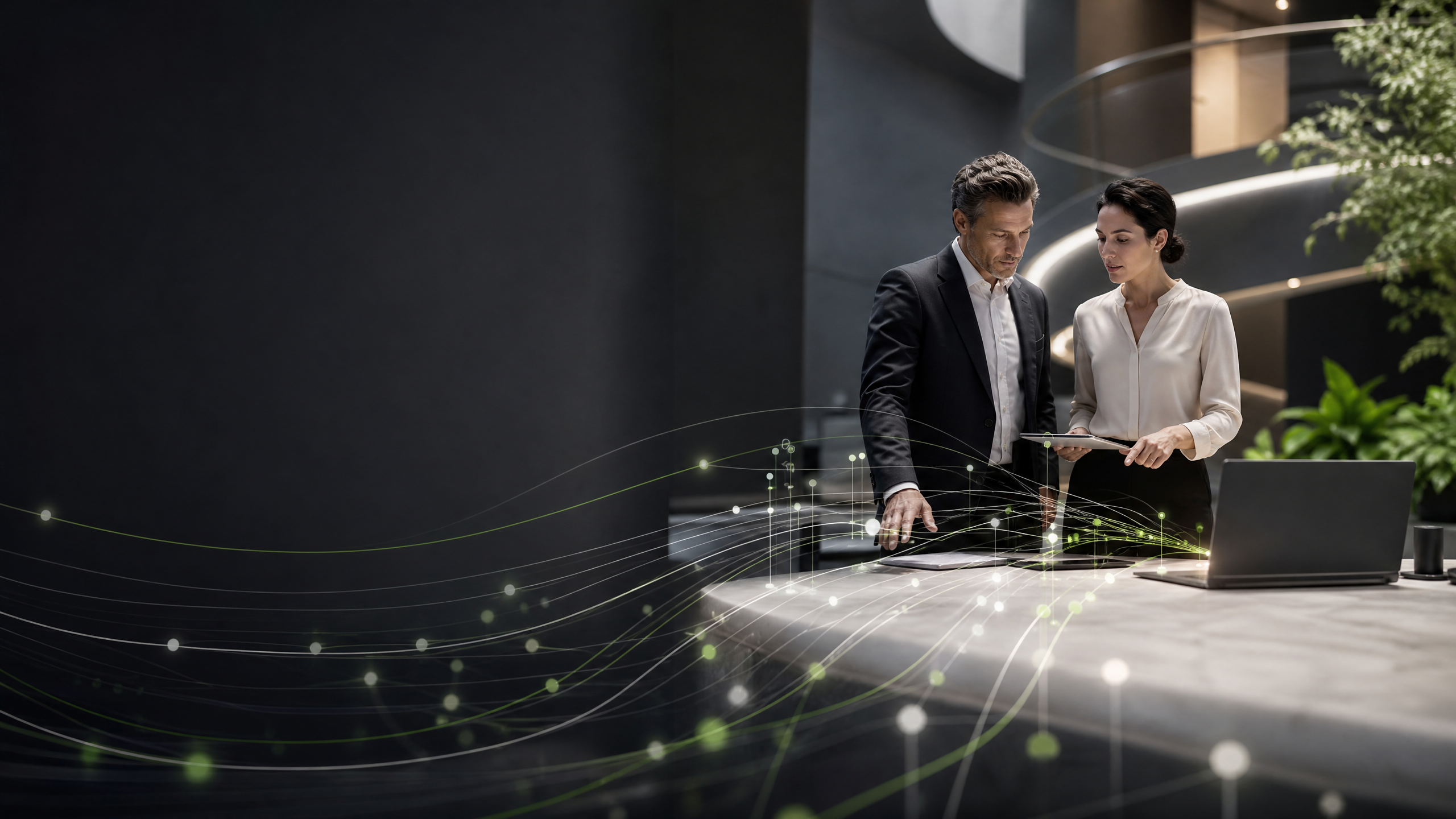 Business consultants using connected data and AI insight to support enterprise decision-making in a modern workspace.